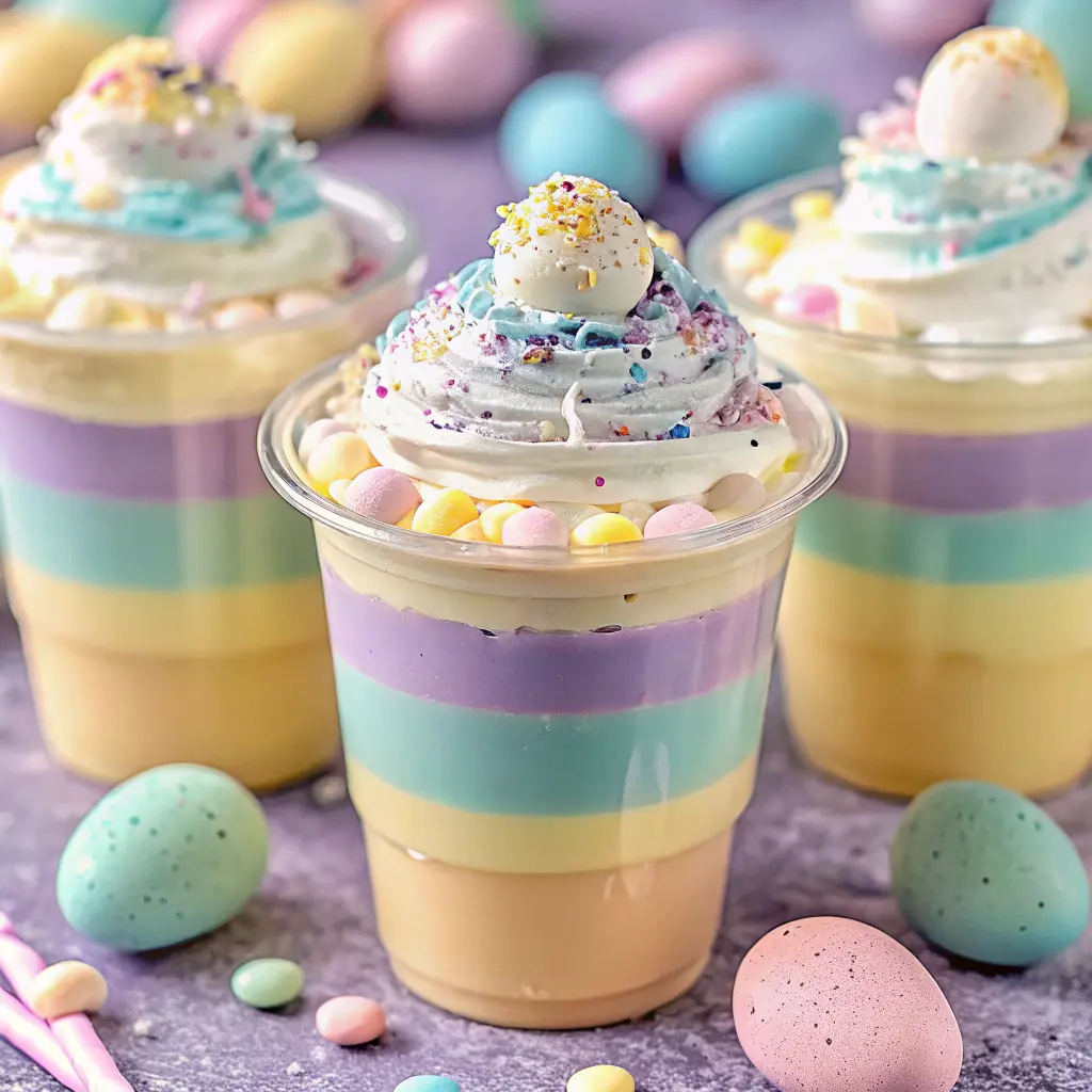 Creamy Easter Jello Parfaits with pastel layered gelatin and whipped cream in clear cups