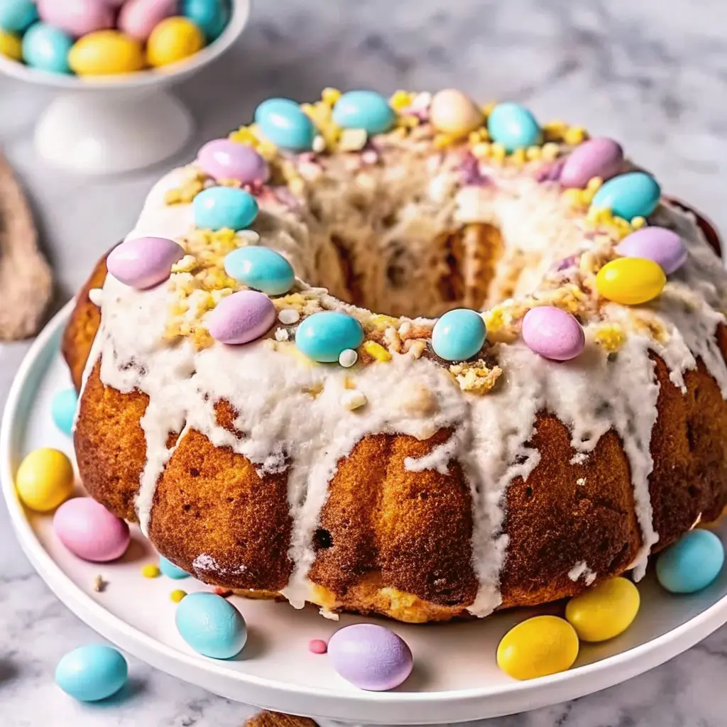 Decorated Easter Bundt cake with chocolate eggs and pastel glaze