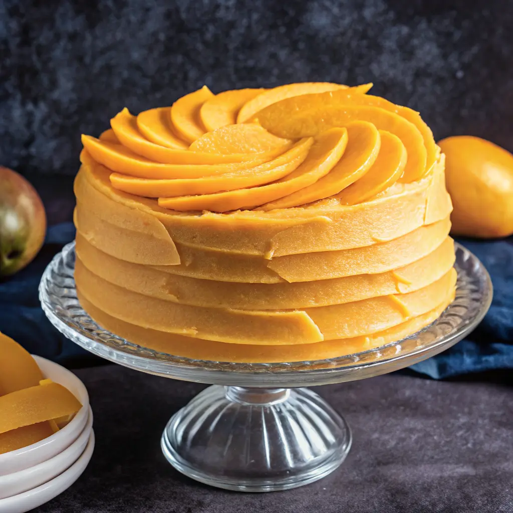 eggless mango cake recipe sliced with fresh mango topping
