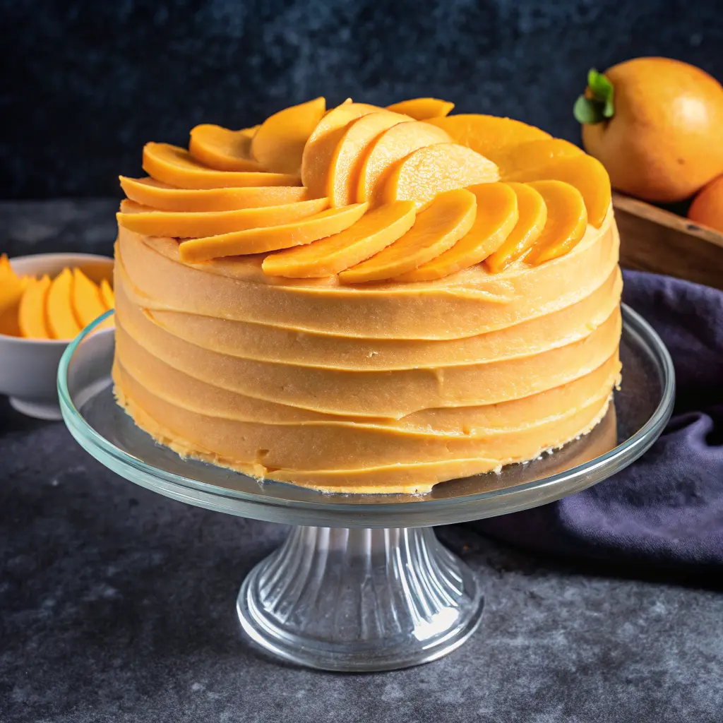 eggless mango cake recipe sliced with fresh mango topping