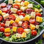 Italian chopped salad with fresh vegetables, salami, cheese, and vinaigrette