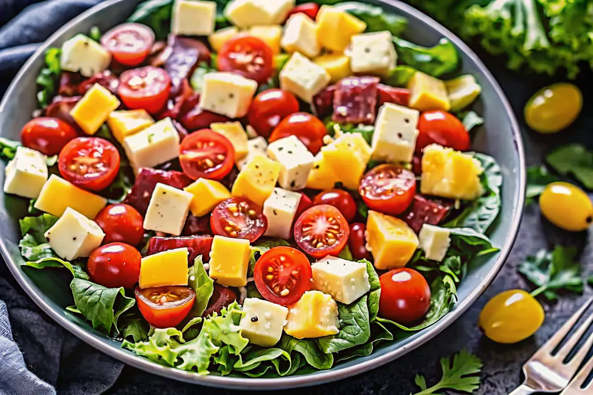 Italian chopped salad with fresh vegetables, salami, cheese, and vinaigrette