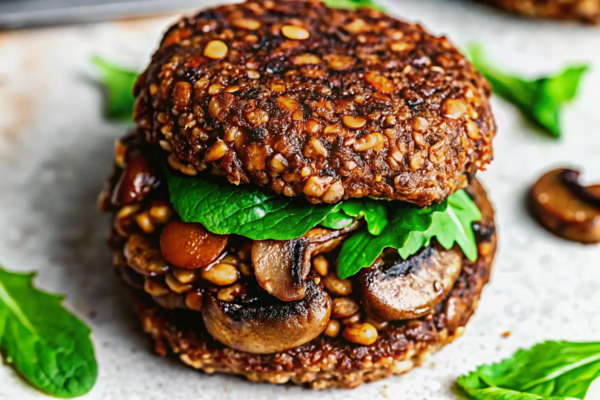 Mushroom veggie burger with walnut crunch served in a bun