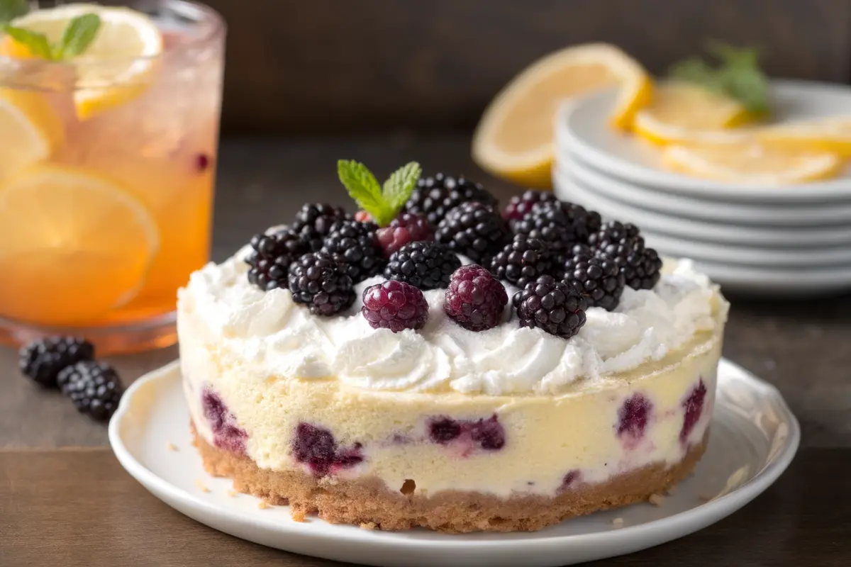 No bake blackberry lemonade pie with fresh berries and lemon slices