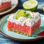 Salted watermelon sherbet bars with whipped topping and crust