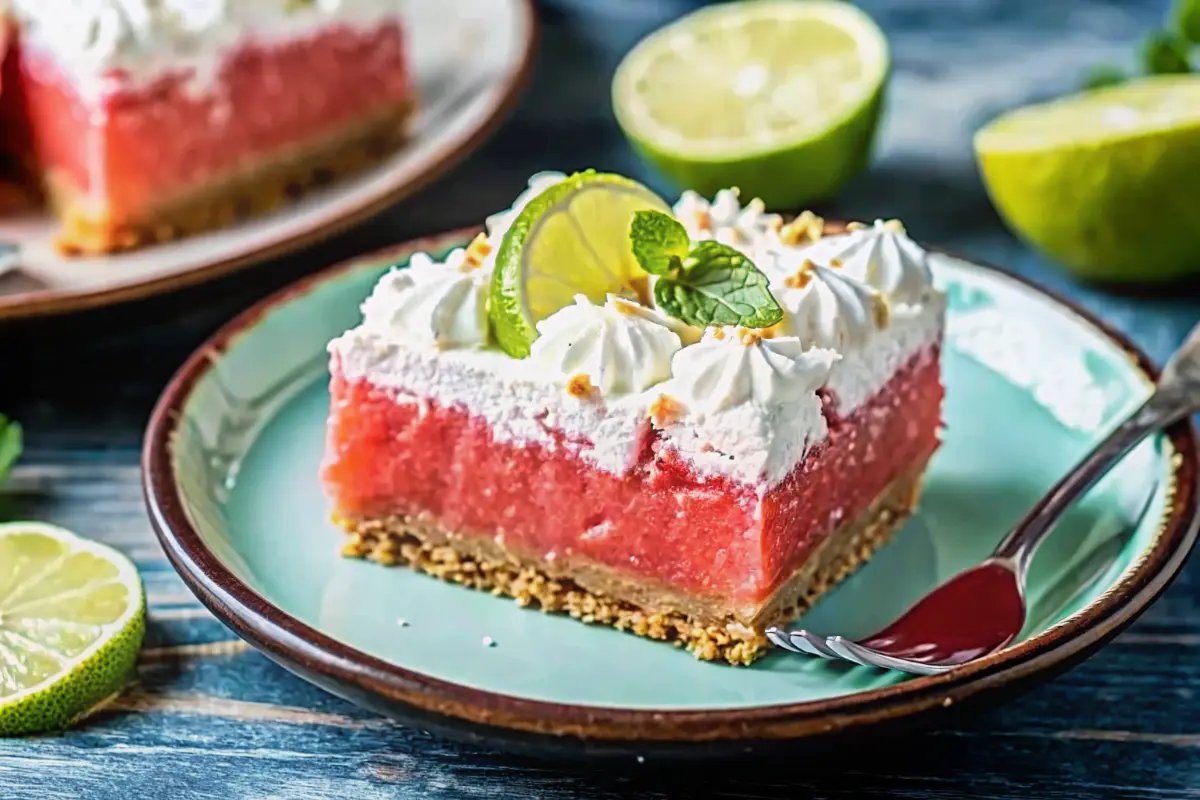 Salted watermelon sherbet bars with whipped topping and crust