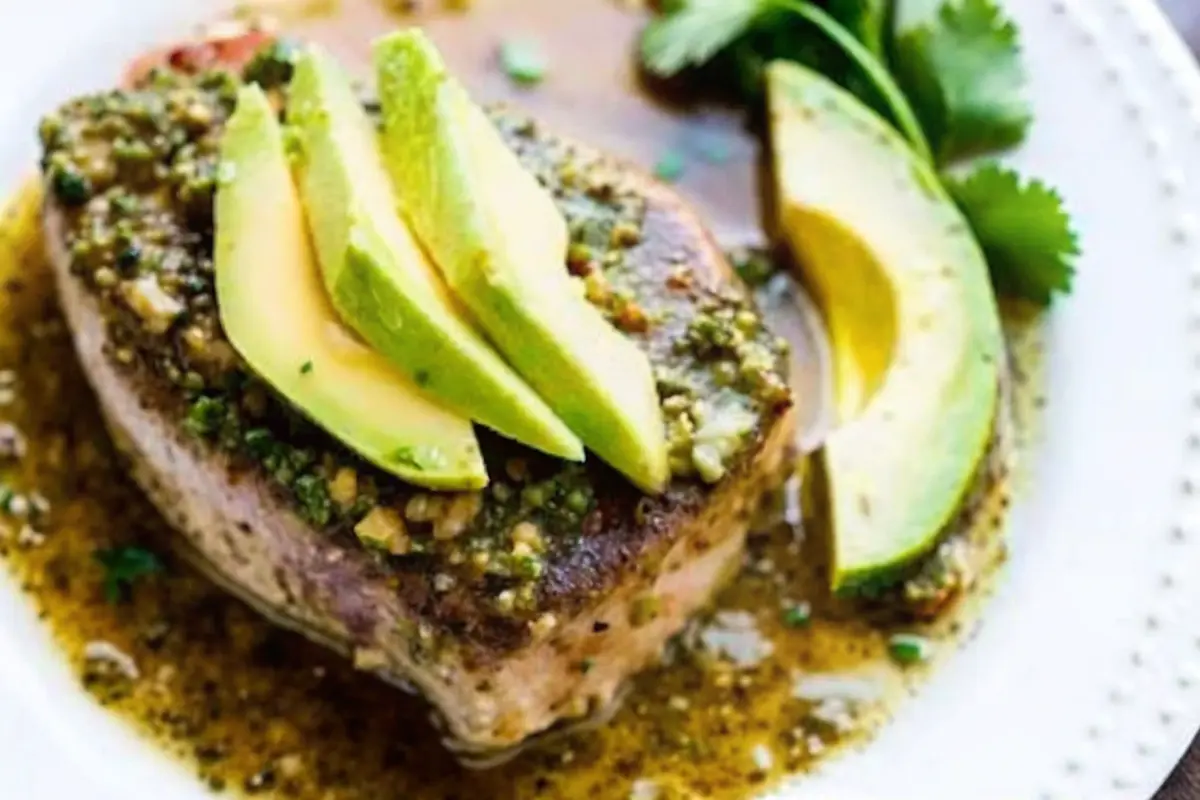 seared tuna with avocado recipe plated dish