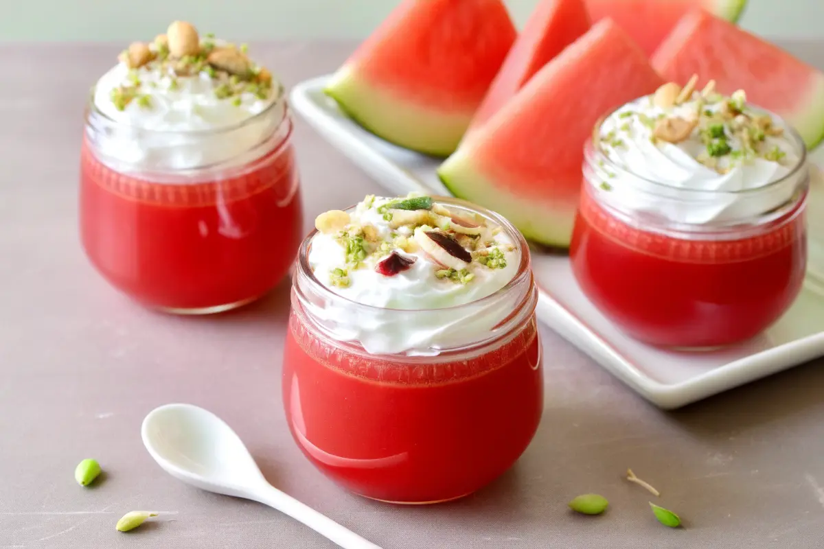 Sicilian watermelon pudding topped with pistachios and chocolate chips