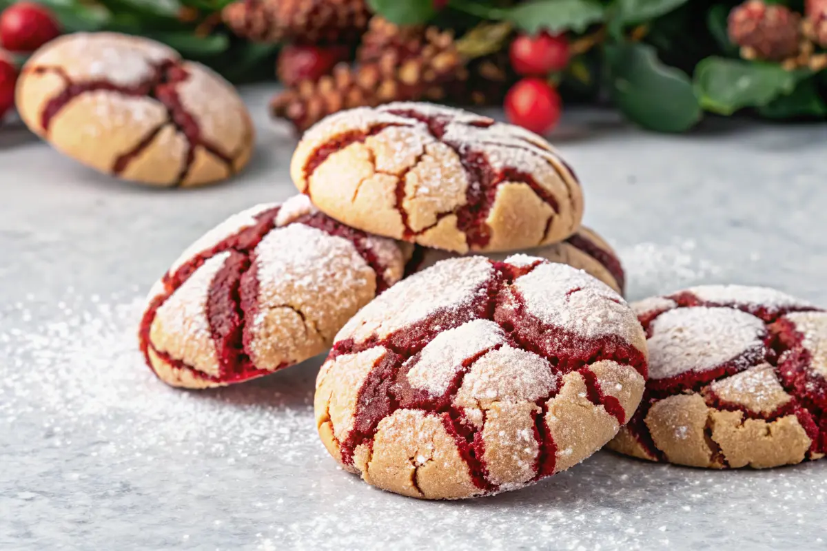 Strawberry crinkle cookies with powdered sugar cracks