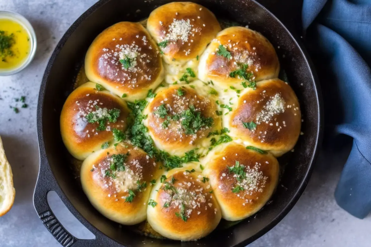 Fresh Ukrainian garlic bread pampushky with garlic and dill topping