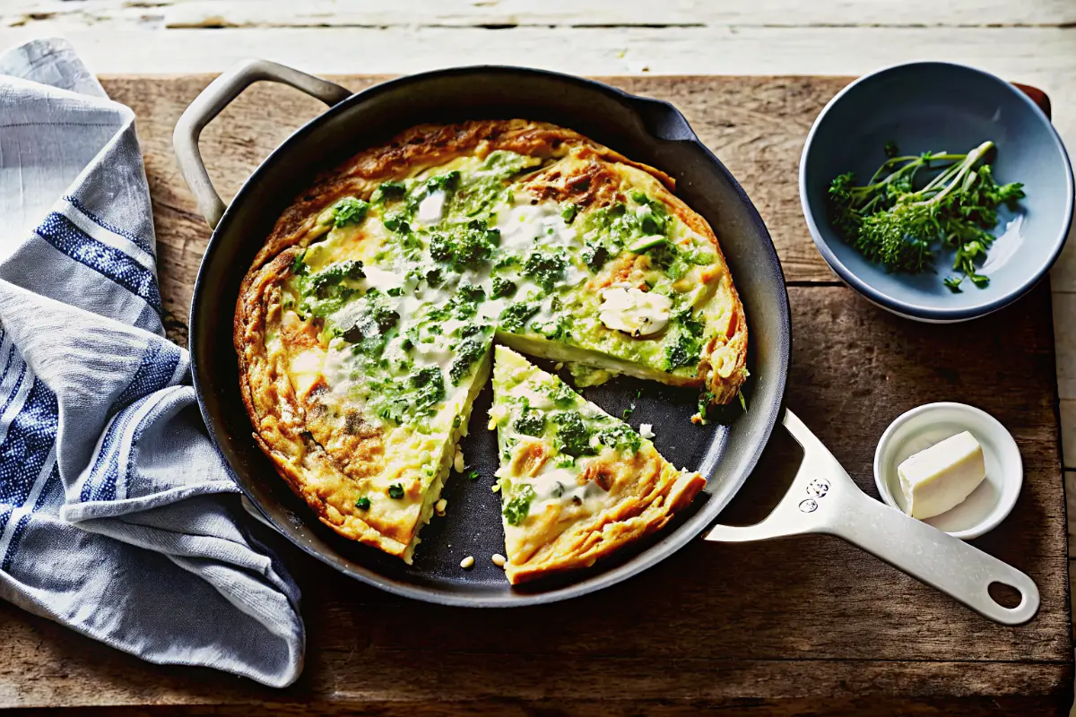 Broad Bean and Feta Frittata served in a skillet with fresh herbs and crumbled feta