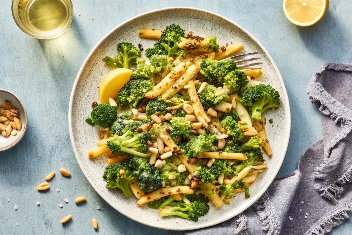 Fresh broccoli salad recipe in a bowl with cranberries, cheddar cheese, and sunflower seeds topped with creamy dressing