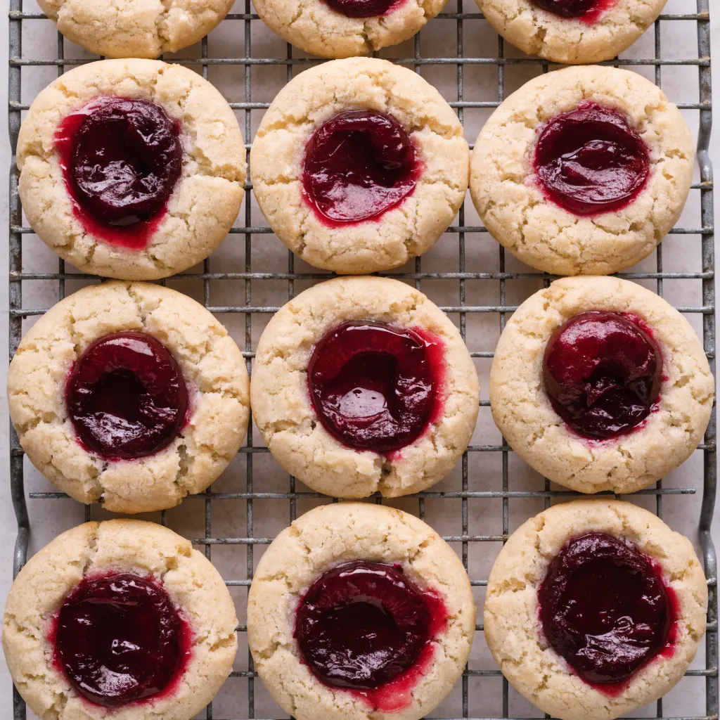 Gluten-free cherry pie cookies topped with cherry filling on a cooling rack