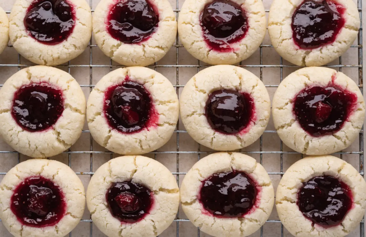 Gluten-free cherry pie cookies topped with cherry filling on a cooling rack