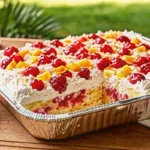 Cherry Pineapple Angel Cloud Cake topped with cherries and fluffy whipped cream