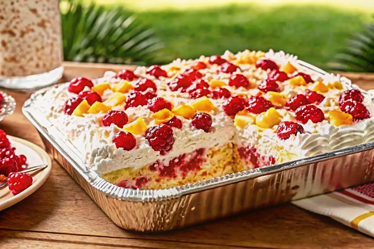 Cherry Pineapple Angel Cloud Cake topped with cherries and fluffy whipped cream