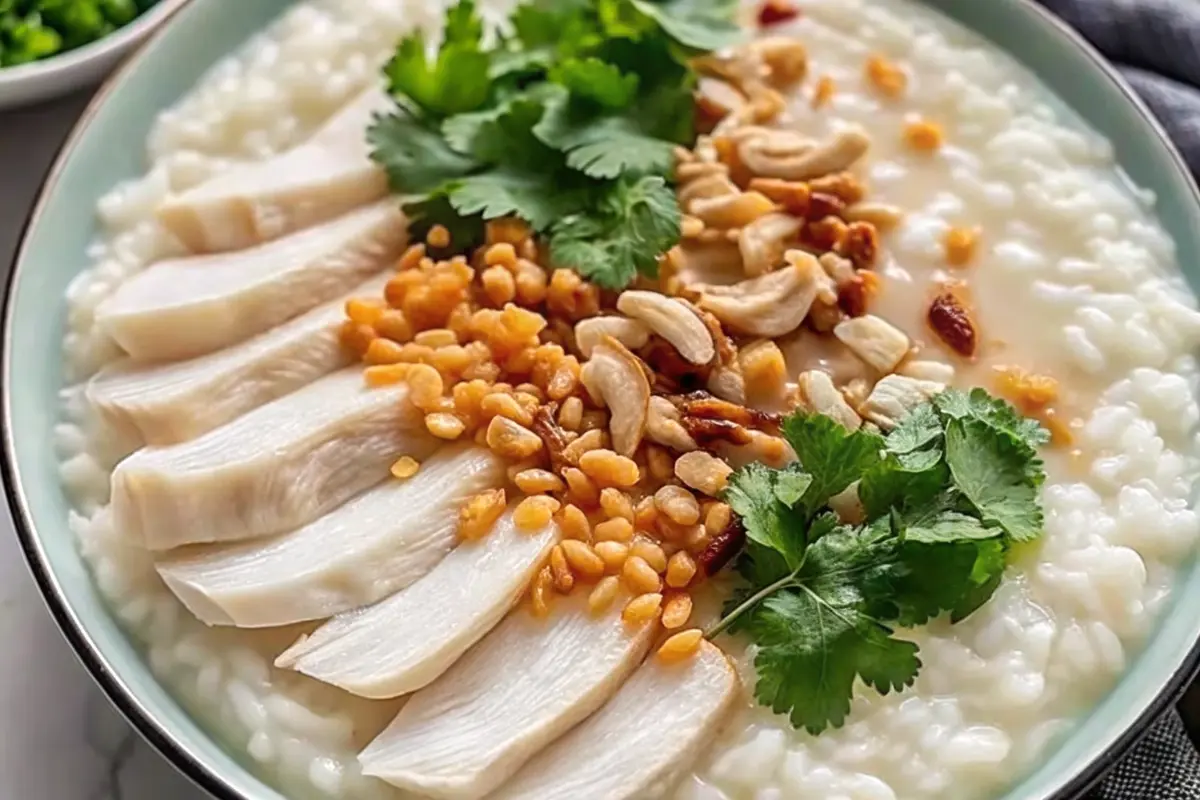 Chicken rice porridge recipe in a bowl with green onions and crispy toppings