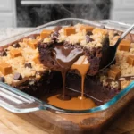 Chocolate Peanut Butter Caramel Lava Dump Cake with melted caramel and peanut butter drizzle