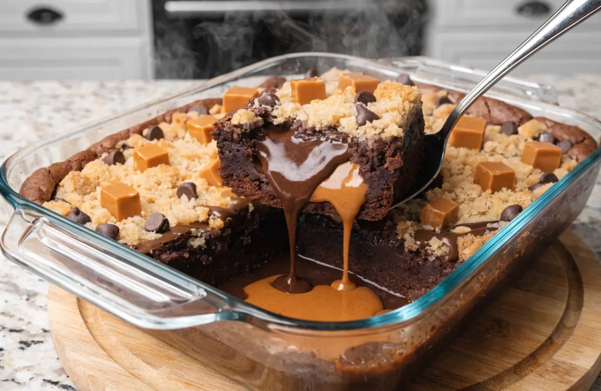 Chocolate Peanut Butter Caramel Lava Dump Cake with melted caramel and peanut butter drizzle
