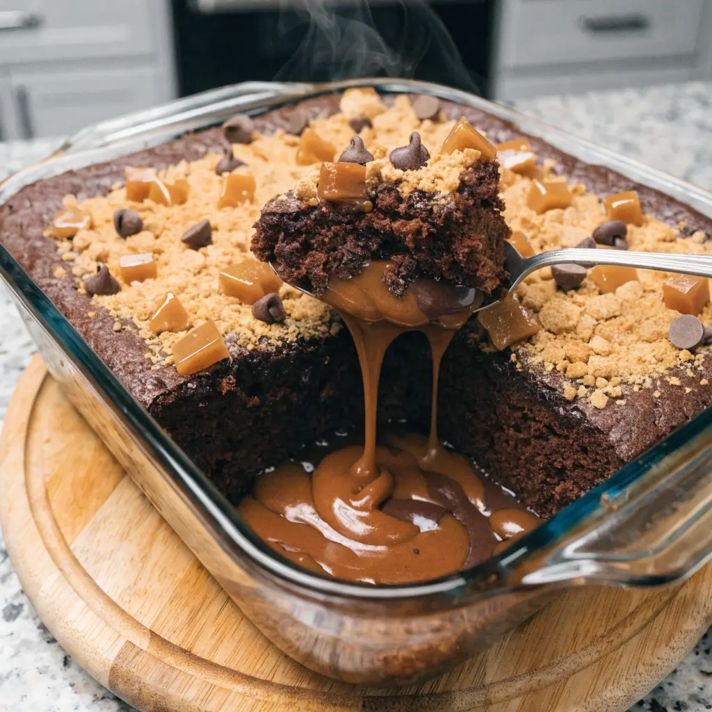 Chocolate Peanut Butter Caramel Lava Dump Cake