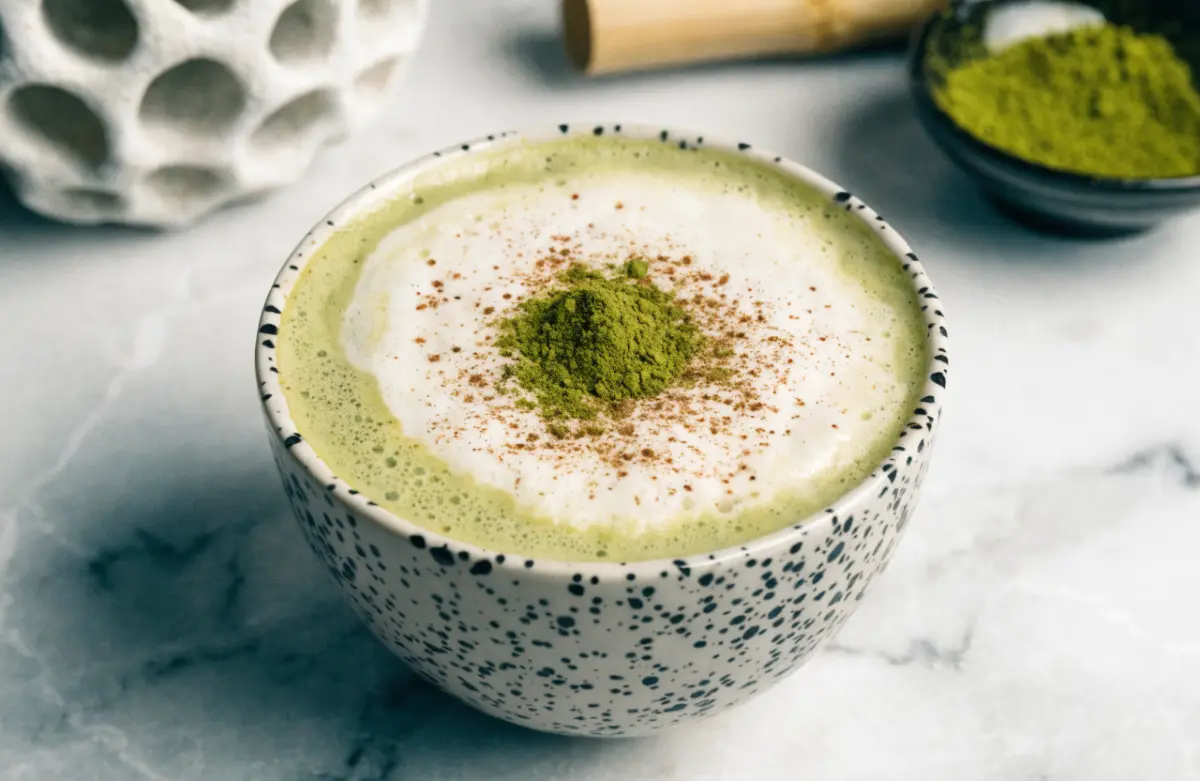 Creamy white chocolate matcha latte topped with frothy milk and matcha powder