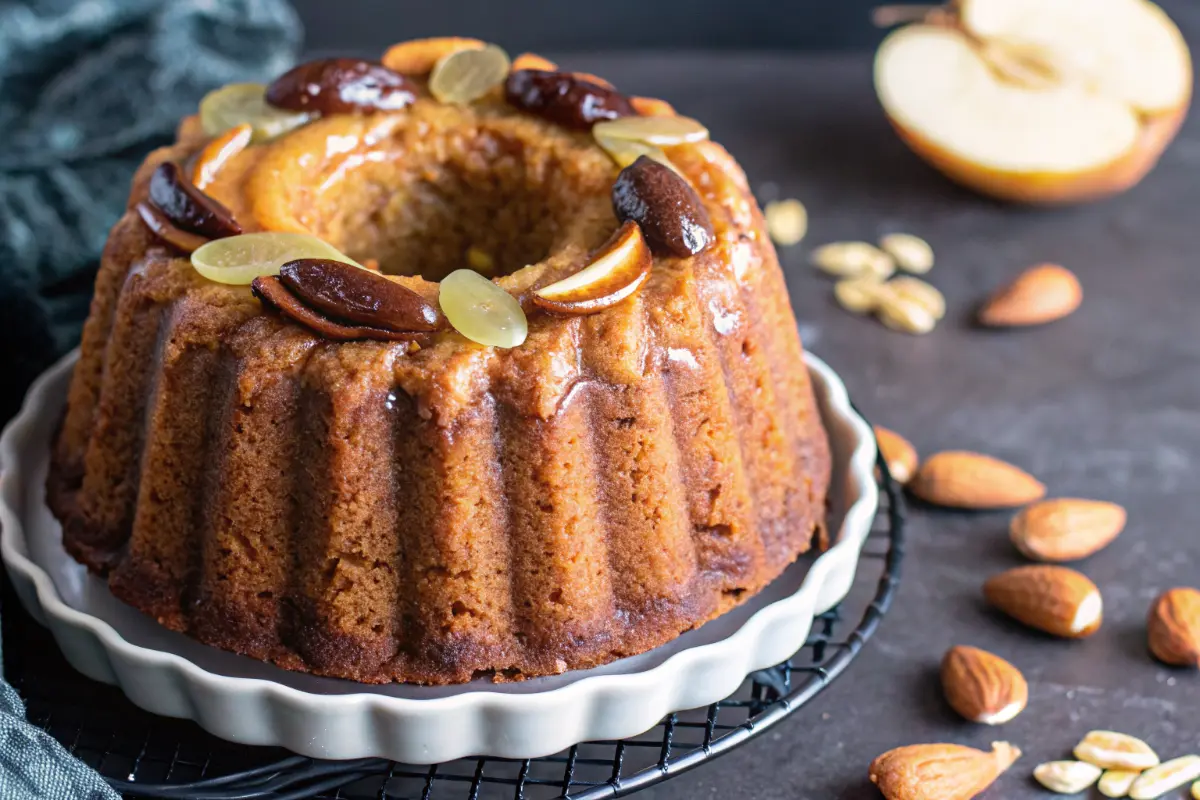 Date pear almond ginger honey cake sliced on a plate