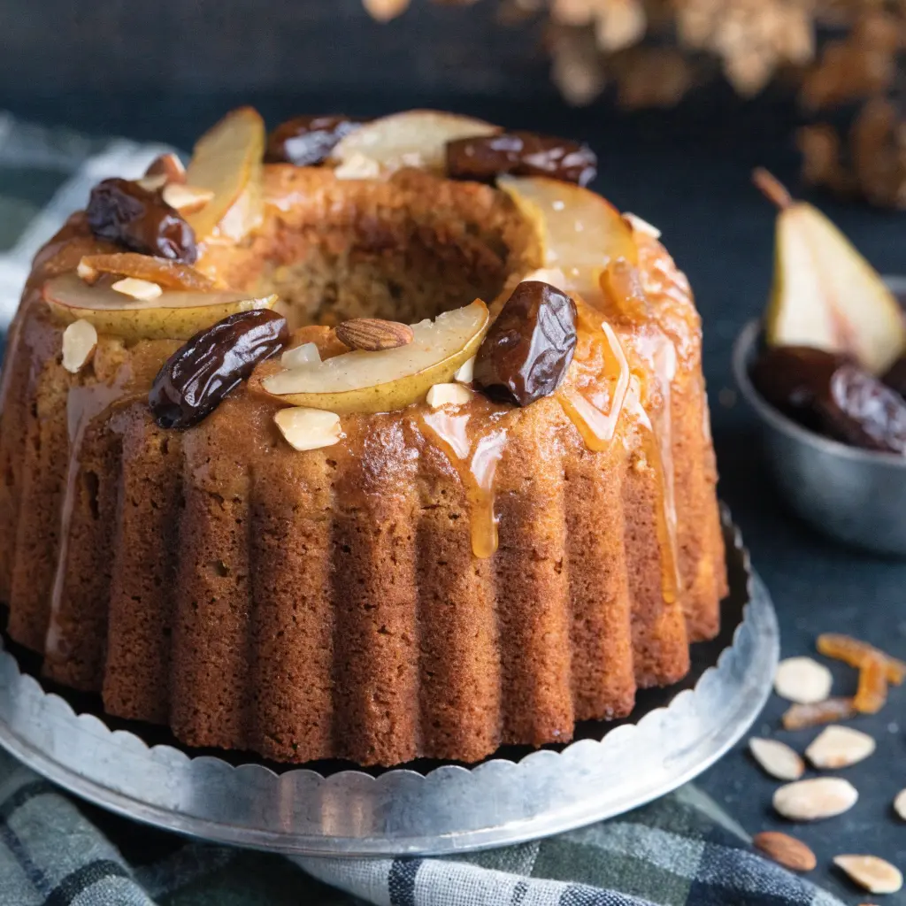 Date Pear Almond Ginger Honey Cake