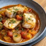 Homemade fish stew recipe in a bowl with herbs and vegetables