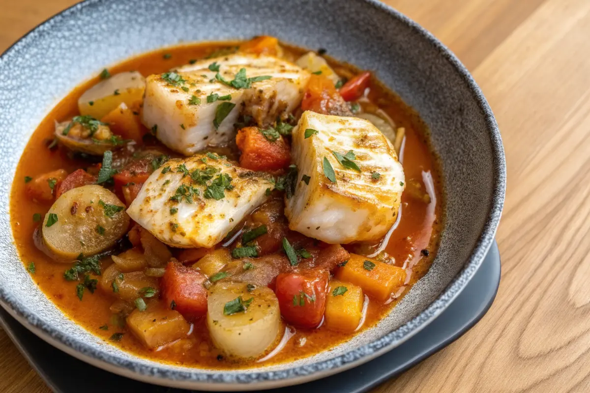 Homemade fish stew recipe in a bowl with herbs and vegetables