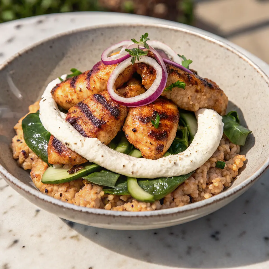 Grilled Chicken Bowl with Farro, Spinach, Cucumber and Hummus