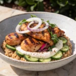 Grilled Chicken Bowl with Farro, Spinach, Cucumber and Hummus