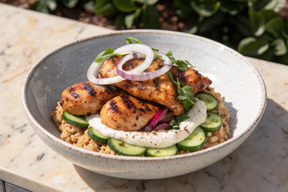 Grilled Chicken Bowl with Farro, Spinach, Cucumber and Hummus
