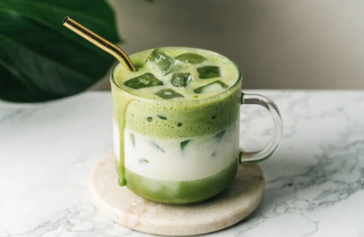 Glass of iced vanilla matcha cooler with creamy layers and ice