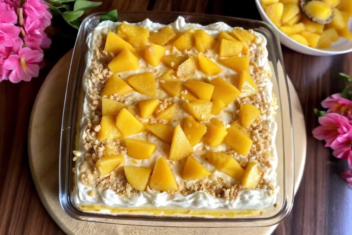 mango tiramisu recipe in glass dish with layers of cream and mango