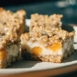 Peaches and Cream Crumble Bars topped with golden crumble and fresh peach slices