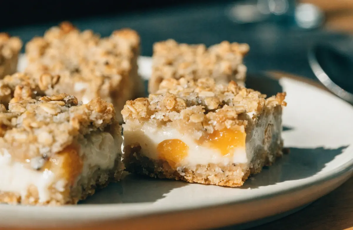 Peaches and Cream Crumble Bars topped with golden crumble and fresh peach slices
