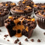 Peanut Butter Chocolate Cup Dump Cake Muffins on a cooling rack with chocolate drizzle