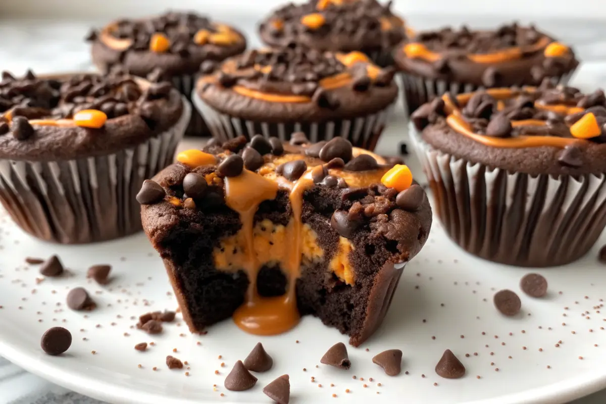 Peanut Butter Chocolate Cup Dump Cake Muffins on a cooling rack with chocolate drizzle
