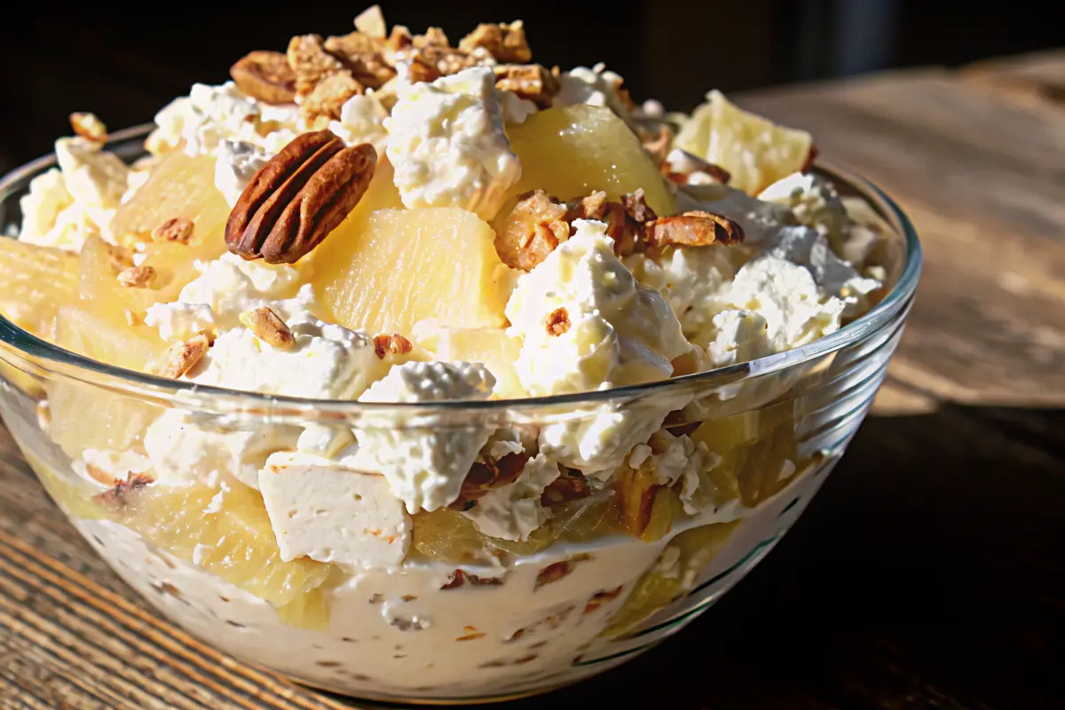 Creamy pineapple pecan cheesecake fluff salad in a serving bowl