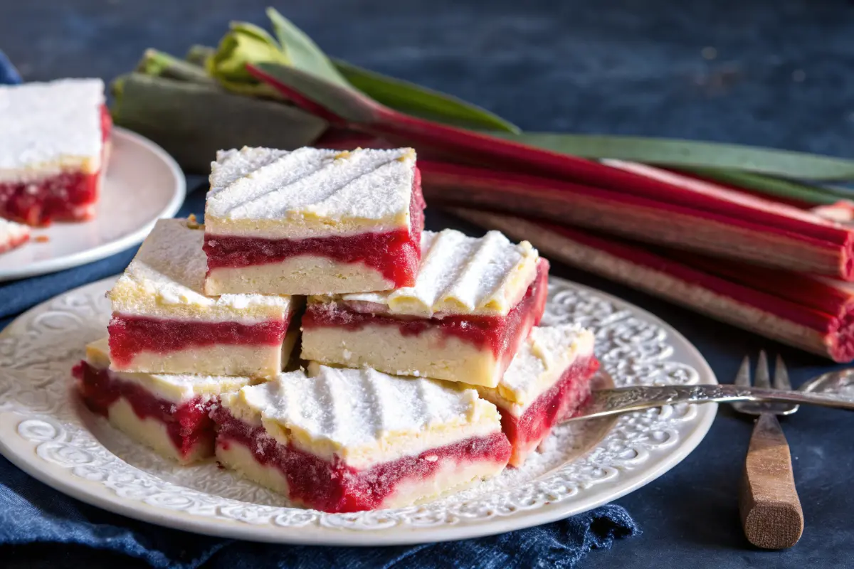 Rhubarb bars with cream cheese on a plate