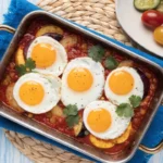 Shakshuka traybake recipe with baked eggs, roasted peppers, tomatoes, and fresh herbs