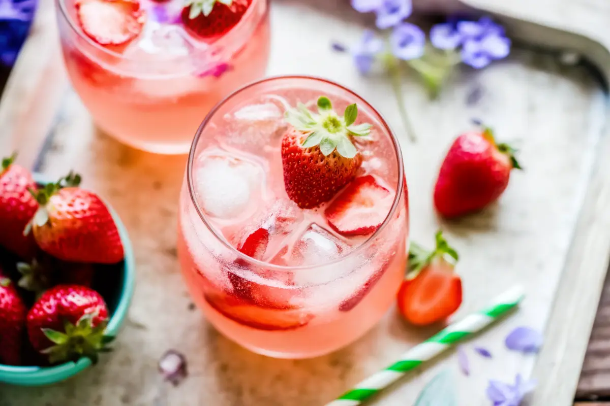 Strawberry Rose Gin Fizz cocktail with fresh strawberries and rose petals