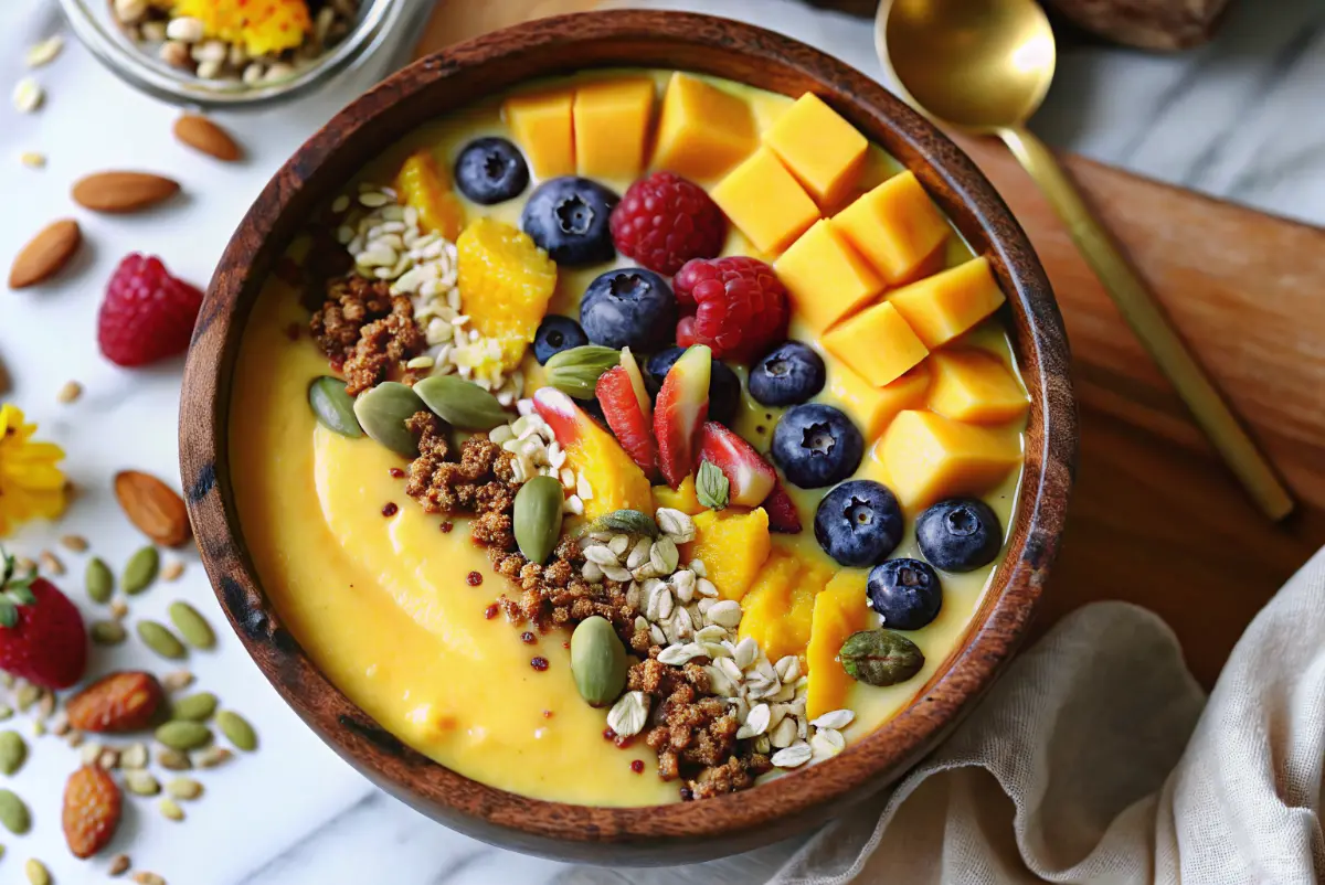 Tropical mango smoothie bowl topped with fresh fruit and granola