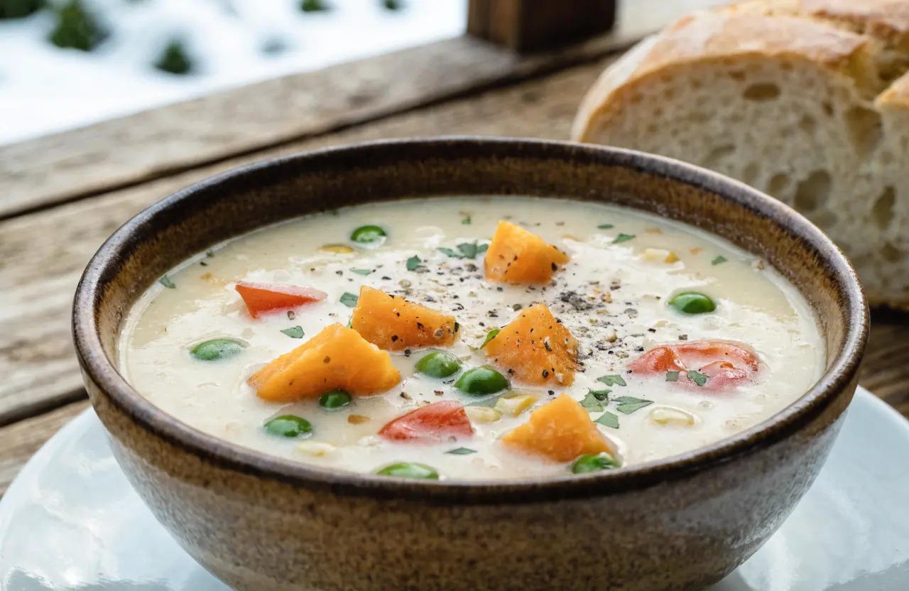 Amish Snow Day Soup with potatoes, ground beef, and creamy broth