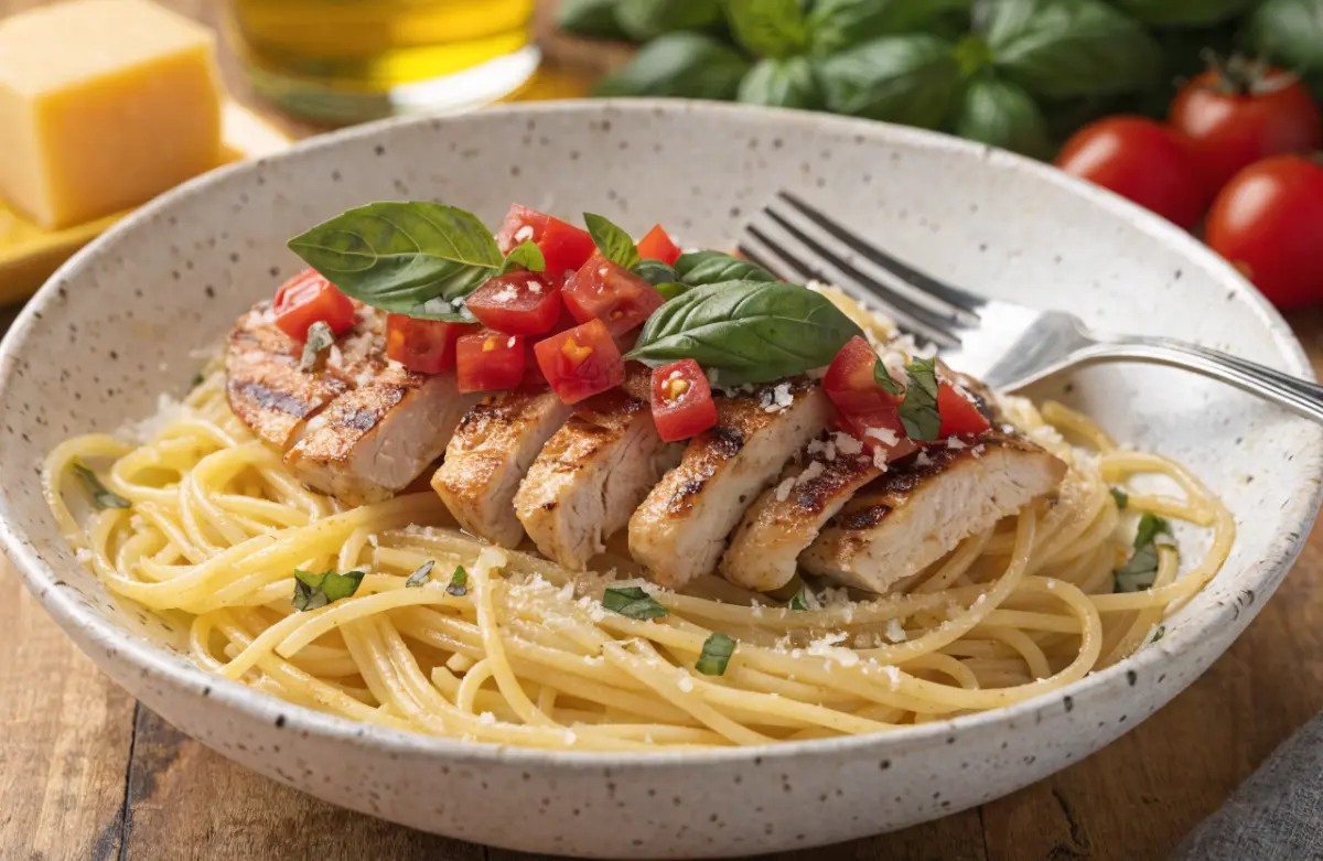 Bruschetta Chicken Pasta Recipe served with fresh basil, tomatoes, Parmesan, and grilled chicken.