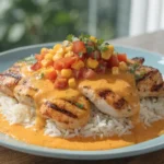 Cheesy Southwest chicken and rice skillet topped with melted cheese and fresh cilantro