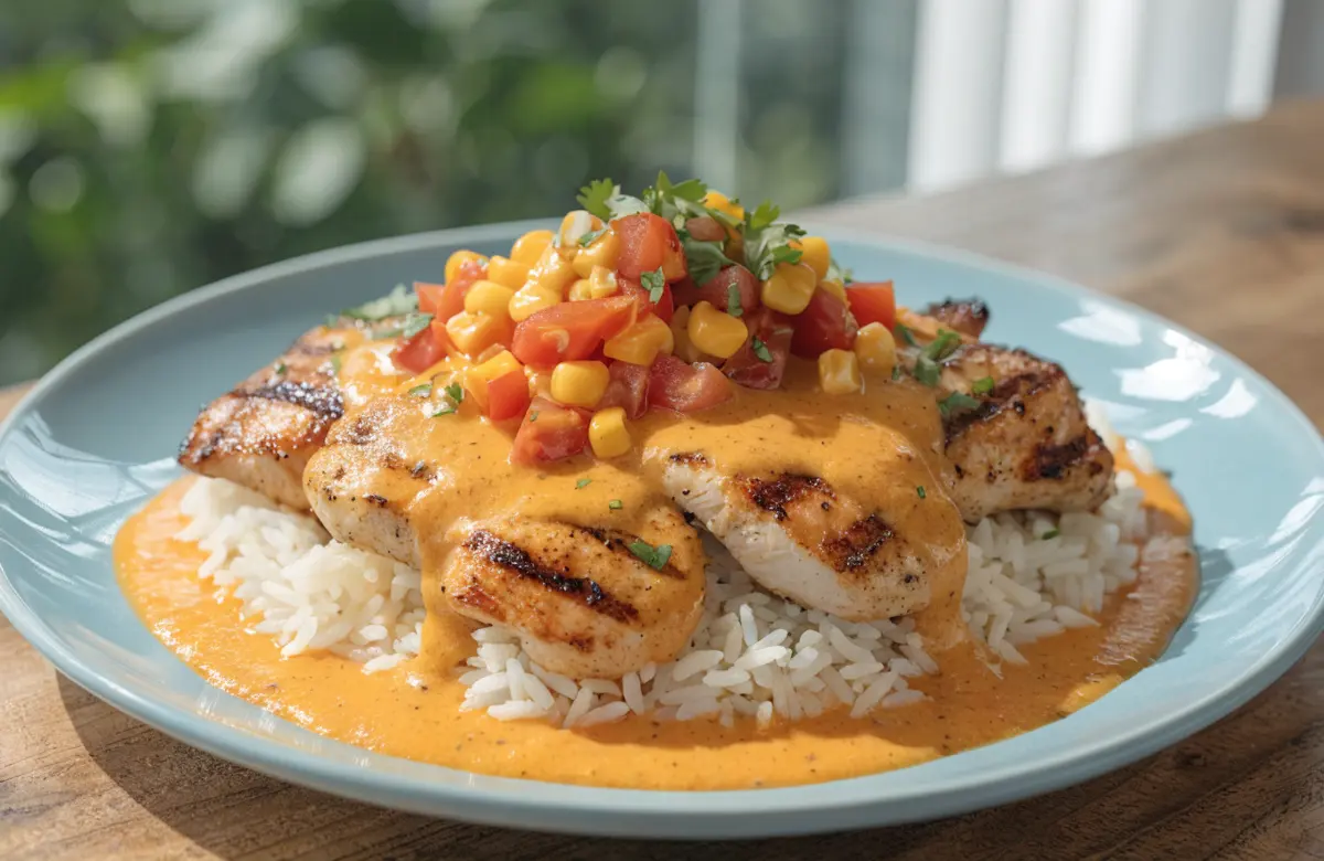 Cheesy Southwest chicken and rice skillet topped with melted cheese and fresh cilantro