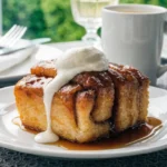 Cinnamon Roll French Toast Casserole baked until golden and drizzled with icing