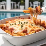 Healthy High Protein Cottage Cheese Baked Ziti served in a baking dish