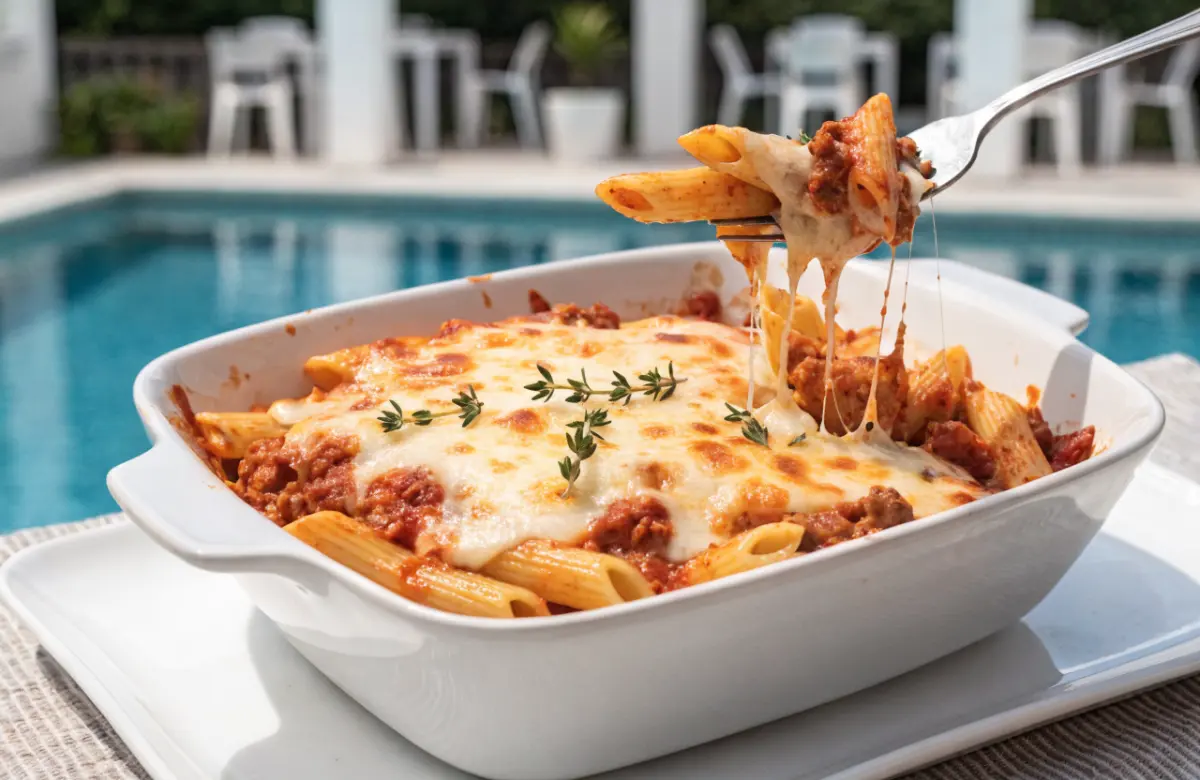 Healthy High Protein Cottage Cheese Baked Ziti served in a baking dish